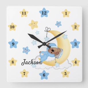 Teddy Bear Baby Boy Moon Stars Kids Nursery Room Square Wall Clock