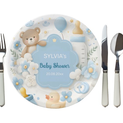 Teddy Bear Baby Boy Shower Paper Plates