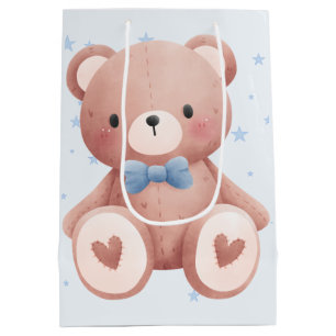 Teddy Bear Baby Boy Shower - Soft Blue Stars Medium Gift Bag