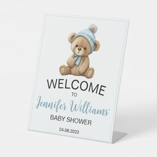 Teddy bear baby boy shower Welcome Pedestal Sign
