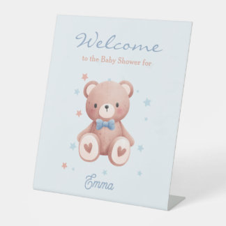 Teddy Bear Baby Boy Shower with Soft Blue Stars Pedestal Sign