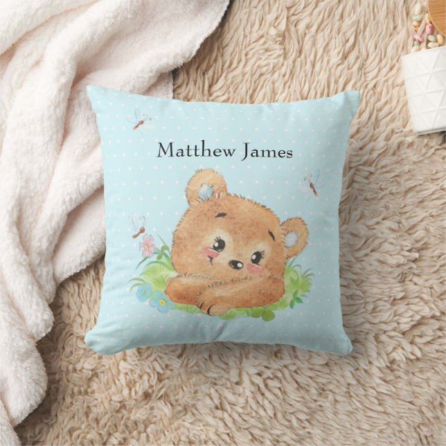Teddy Bear Baby Boy Theme Throw Pillow (Blanket)