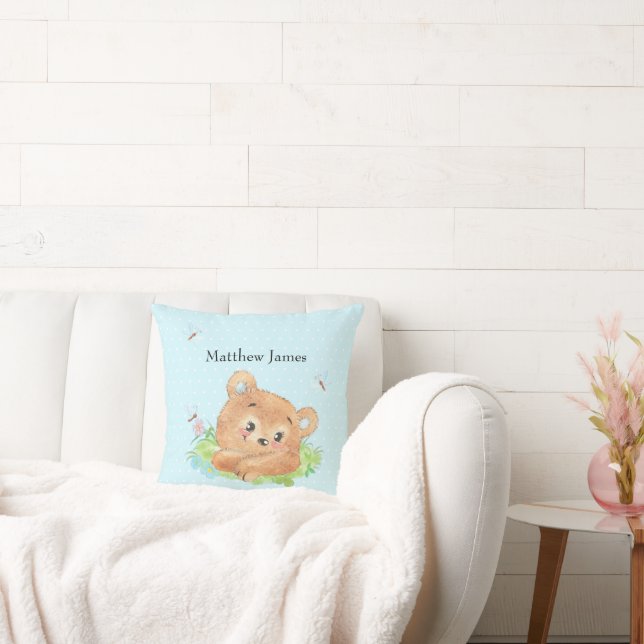 Teddy Bear Baby Boy Theme Throw Pillow (Couch)