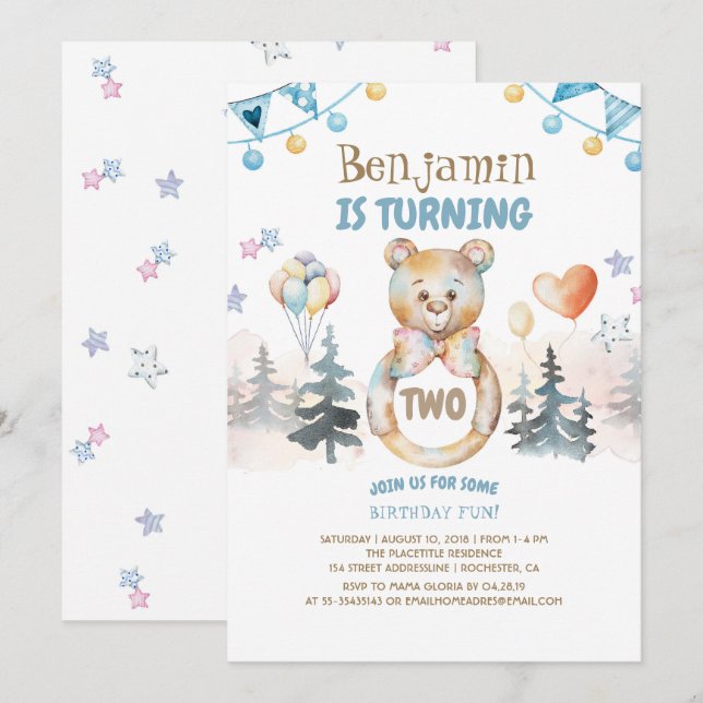 Teddy Bear Baby Boy's Birthday Party Invitation (Front/Back)