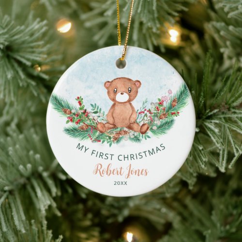 Teddy Bear Baby First 1st Christmas Greenery  Ceramic Ornament