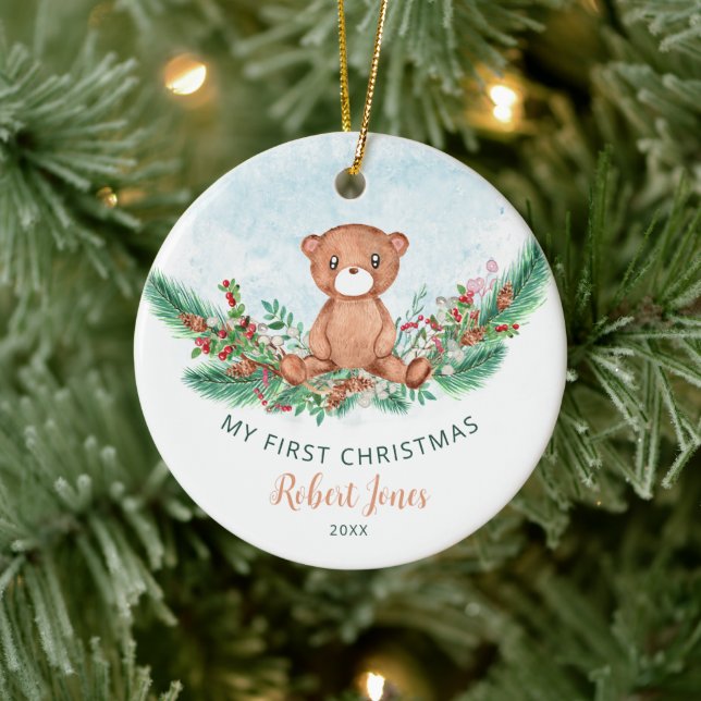 Teddy Bear Baby First 1st Christmas Greenery  Ceramic Ornament (Tree)
