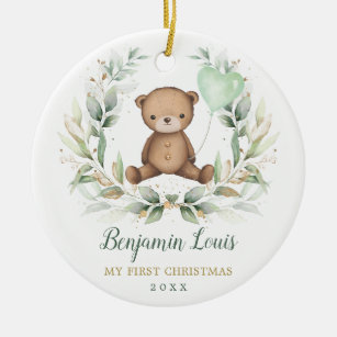 Teddy Bear Baby First 1st Christmas Greenery Gold Ceramic Ornament