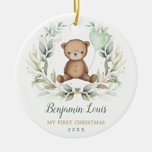 Teddy Bear Baby First 1st Christmas Greenery Gold Ceramic Ornament
