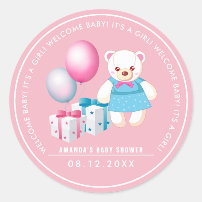 Teddy Bear | Baby Girl Baby Shower Favor Stickers (Front)