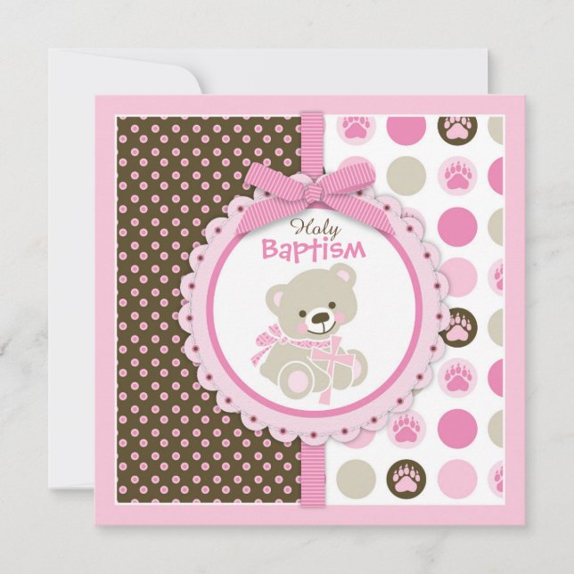 Teddy Bear Baby Girl Baptism Pink Invitation (Front)