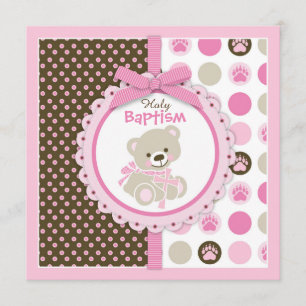 Teddy Bear Baby Girl Baptism Pink Invitation