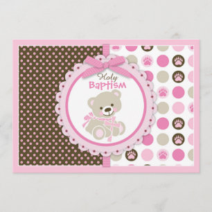 Teddy Bear Baby Girl Baptism Pink Invitation