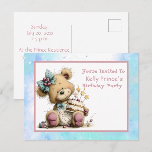 Teddy Bear Baby Girl Birthday Invitation Postcard