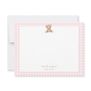 Teddy Bear Baby girl pink and white Gingham Border Thank You Card