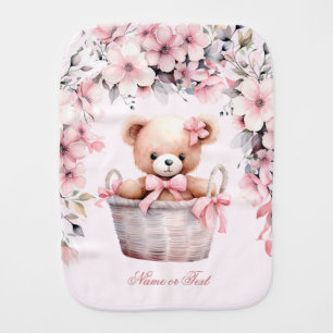 Teddy Bear Baby Girl Pink Flower Beautiful Elegant Baby Burp Cloth