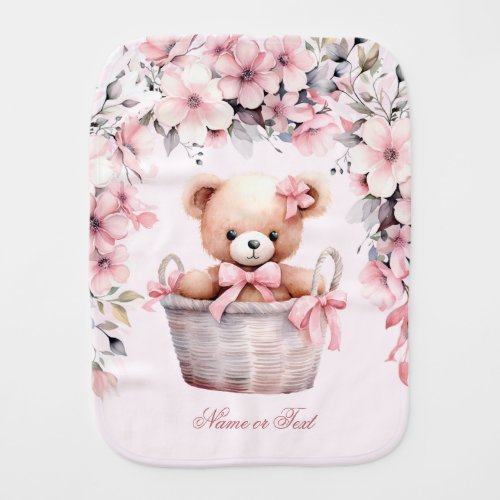 Teddy Bear Baby Girl Pink Flower Beautiful Elegant Burp Cloth