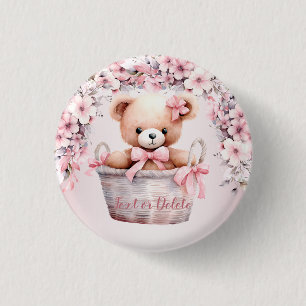 Teddy Bear Baby Girl Pink Flowers Party Elegant Button