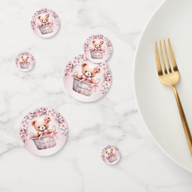 Teddy Bear Baby Girl Pink Flowers Party Elegant Confetti (Group)