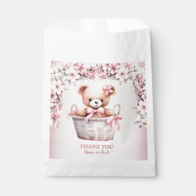 Teddy Bear Baby Girl Pink Flowers Party Elegant Favor Bag (Front)