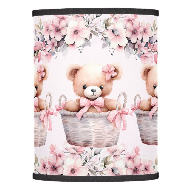 Teddy Bear Baby Girl Pink Flowers Party Elegant Lamp Shade (Front)