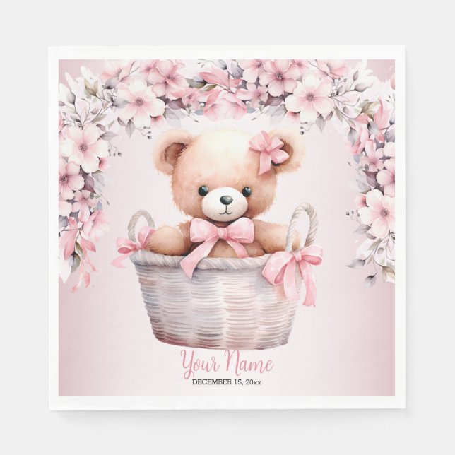 Teddy Bear Baby Girl Pink Flowers Party Elegant Napkins (Front)