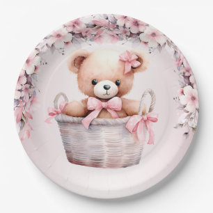 Teddy Bear Baby Girl Pink Flowers Party Elegant Paper Plates