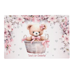 Teddy Bear Baby Girl Pink Flowers Party Elegant Placemat