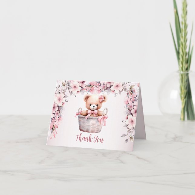 Teddy Bear Baby Girl Pink Flowers Party Elegant Thank You Card (Front)