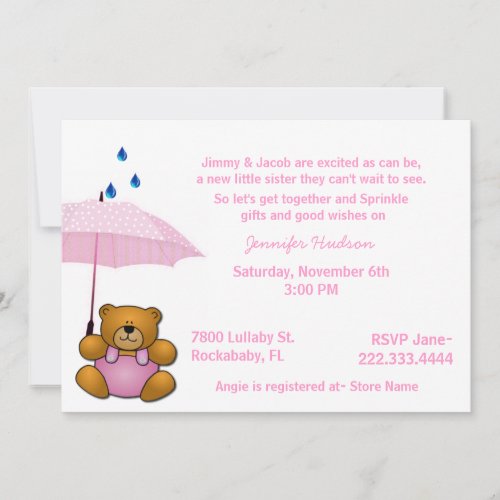 Teddy Bear Baby Girl Sprinkle Shower Invitation