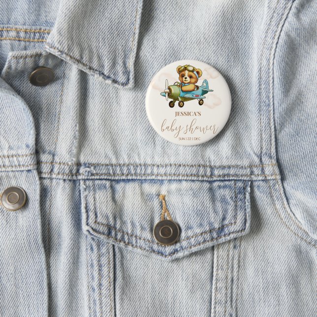 Teddy Bear Baby Pilot Airplane Baby Shower Button (In Situ)