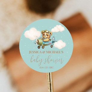 Teddy Bear Baby Pilot Airplane Baby Shower Classic Round Sticker