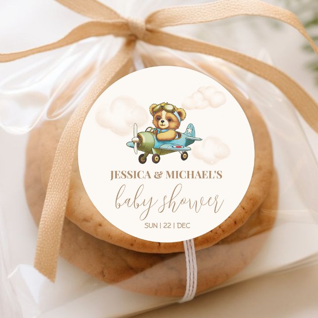 Teddy Bear Baby Pilot Airplane Baby Shower Classic Round Sticker (Teddy Bear Baby Pilot Airplane Baby Shower Classic Round Sticker)