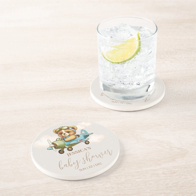 Teddy Bear Baby Pilot Airplane Baby Shower Coaster (Side)