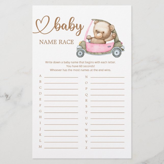 Teddy Bear Baby Shower Baby Name Race Game (Front)