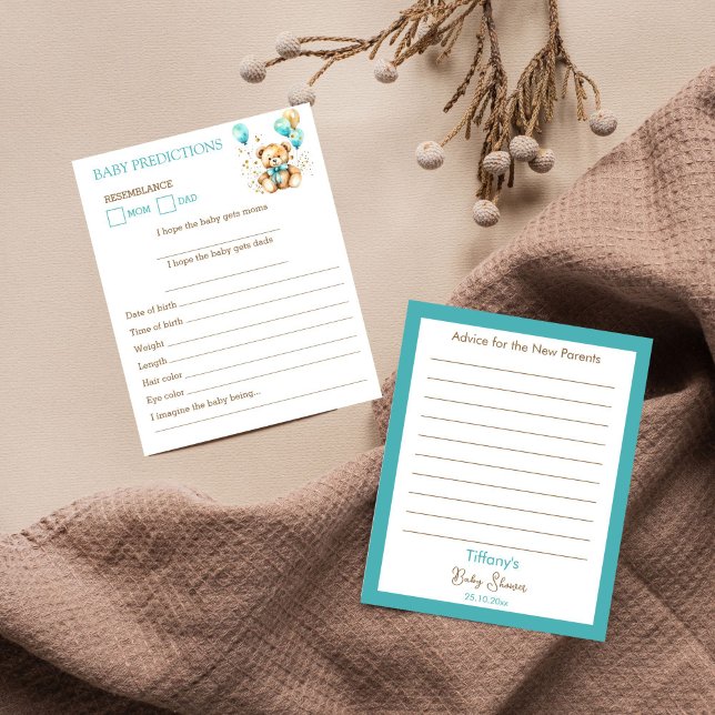 Teddy bear baby shower baby predisctions advice (Teddy bear baby shower Baby predictions and advice card bearly wait cute teddy aqua blue brown games)
