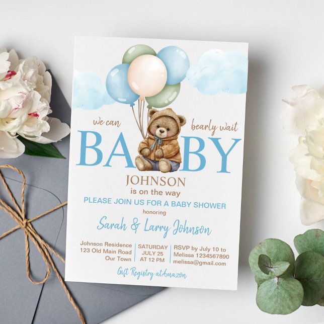 Teddy bear baby shower bearly wait cute teddy invitation (Teddy bear baby shower invitation template bearly wait bear with balloons clouds instant download)