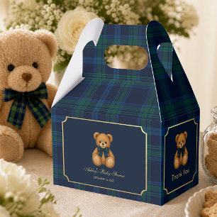 Teddy Bear Baby Shower Blue Green Plaid Thank You Favor Boxes