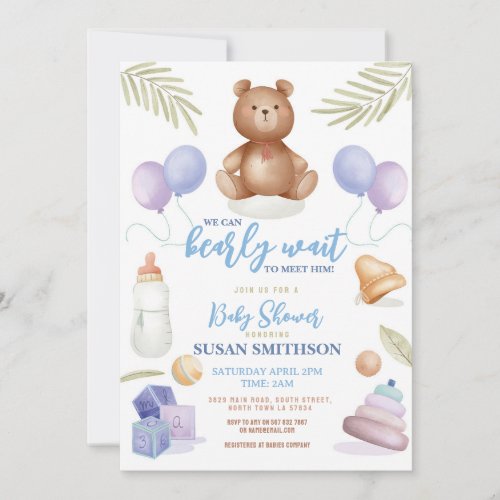 Teddy Bear Baby Shower Boy Blue Barely Wait Invitation