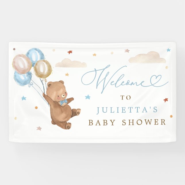 Teddy Bear Baby Shower Boy Blue Bear Welcome  Banner (Horizontal)