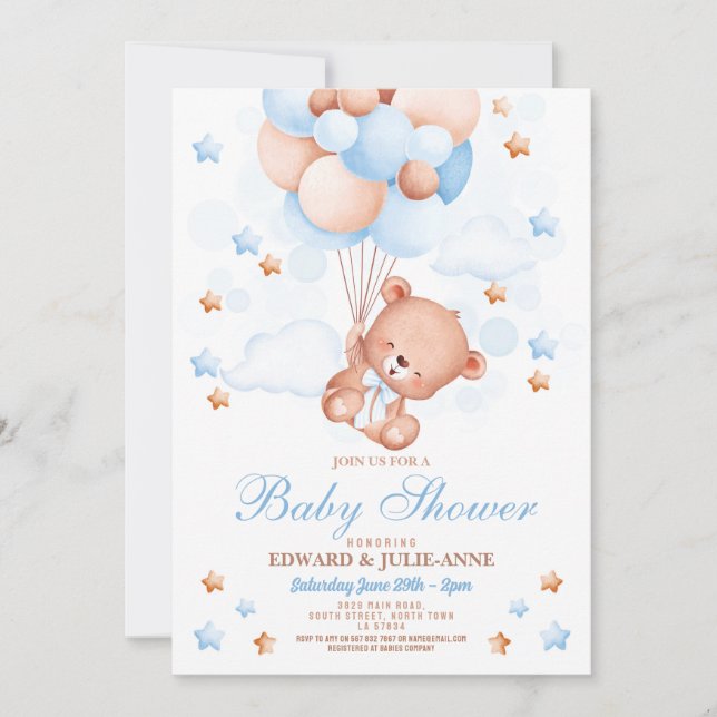 Teddy Bear Baby Shower Boy Blue Party Invitation (Front)