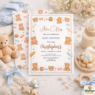 Teddy Bear Baby Shower Boy Cute Blue Bear Invitation