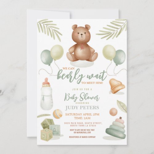 Teddy Bear Baby Shower Boy Girl Mint Barely Wait Invitation