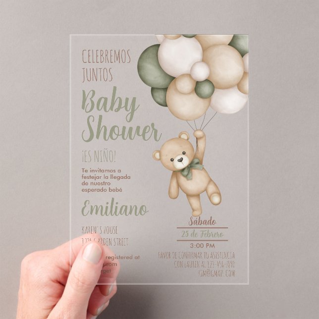 Teddy Bear Baby Shower Boy Spanish acrylic Invitat Invitations (Insitu (Handheld))