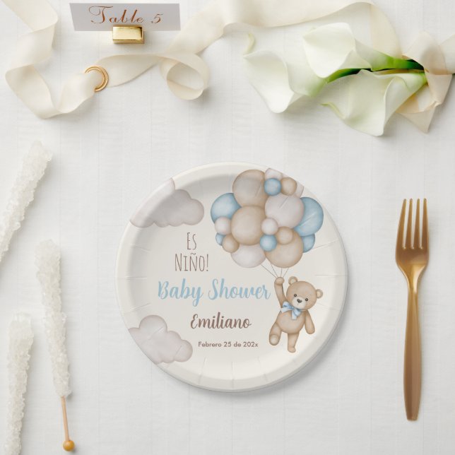 Teddy Bear Baby Shower Boy Spanish Paper Plates (Wedding)