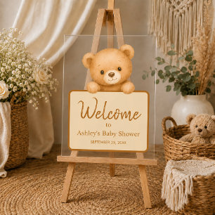Teddy Bear Baby Shower Brown Script Welcome Acrylic Sign