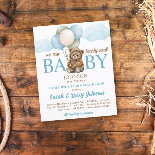 Teddy bear baby shower budget invite bearly wait