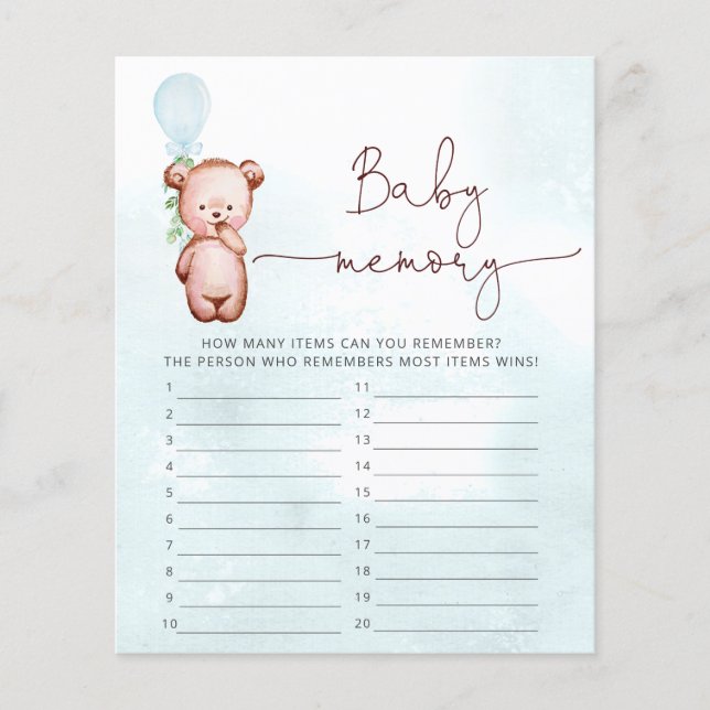Teddy Bear Baby Shower Game Baby Memory (Front)