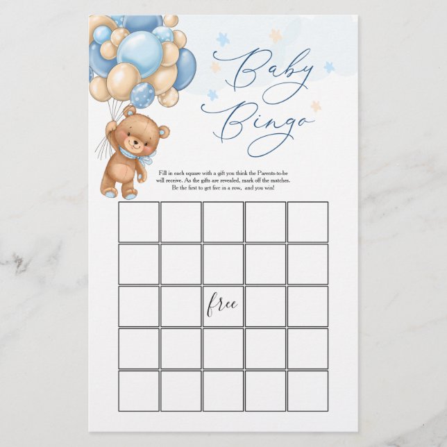 Teddy Bear Baby Shower Game - Bingo (Front)