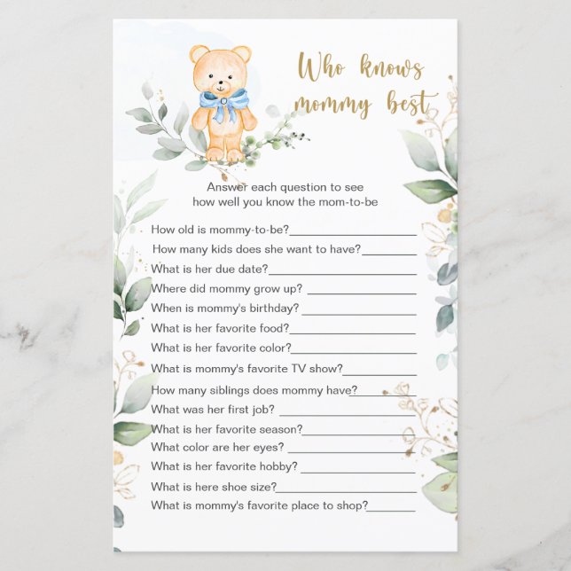 Teddy Bear Baby Shower Game Who Knows Mommy Best (Front)