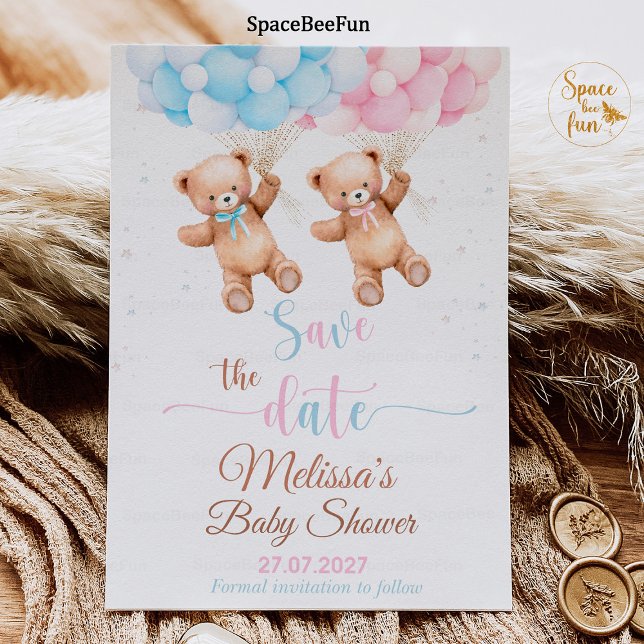 Teddy bear Baby Shower Gender Reveal Save the date Invitation (teddy bear baby shower,save the date,baby shower  Gender Reveal,bear invitation,boho bohemian bear,w)